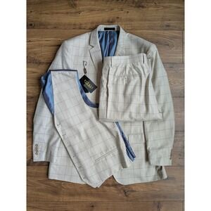 Vitali NWOT Mens 3 Piece Suit Beige Windowpane Plaid Blazer Vest Pants 44R W38